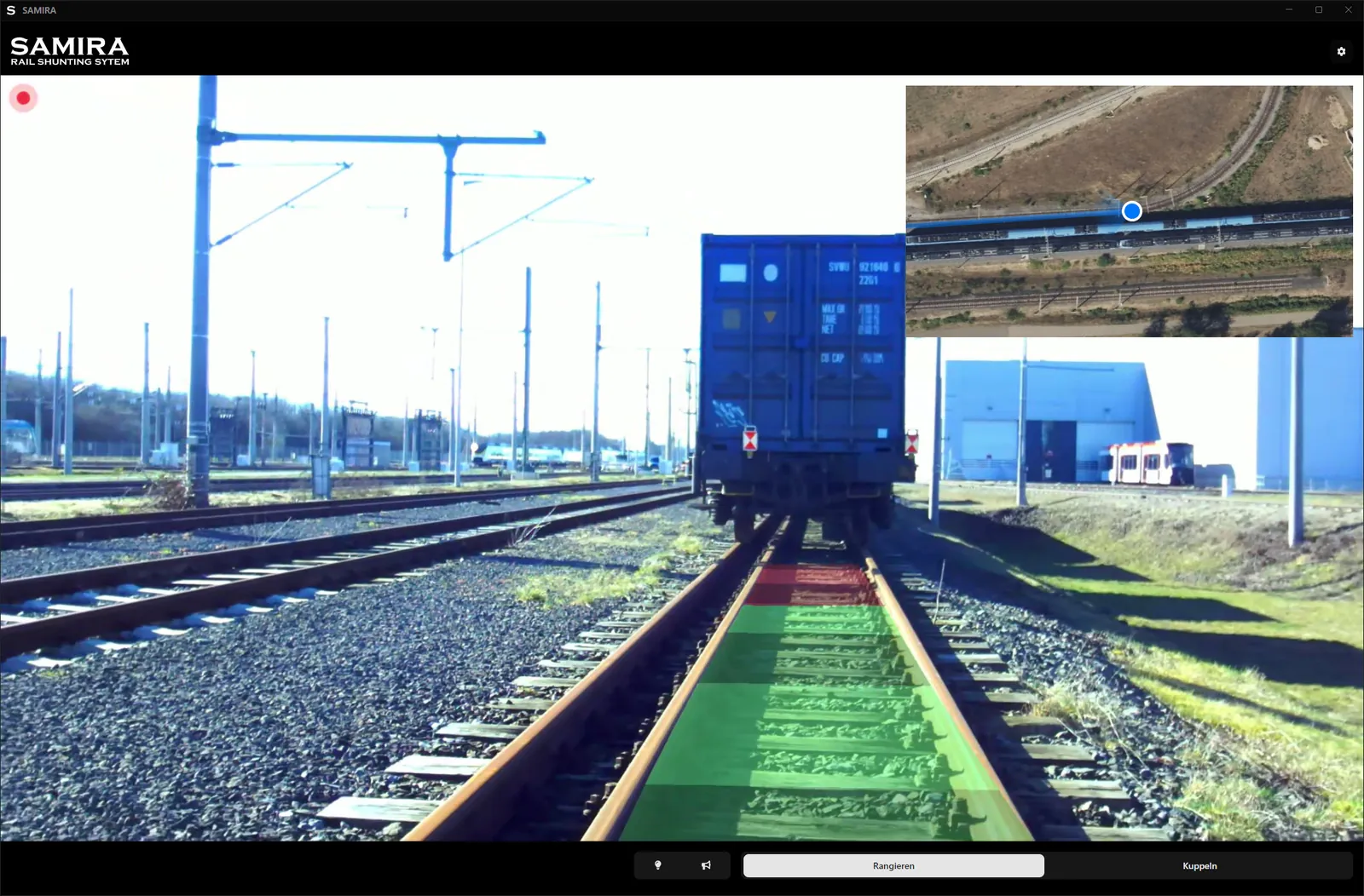 Livebild im Führerhaus mit hervorgehobenem Fahrweg